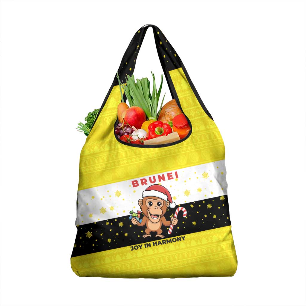 Brunei Christmas Grocery Bag with Cartoon Monkey Santa Hat Candy Cane and Yellow Black Flag Pattern - Wonder Print Shop