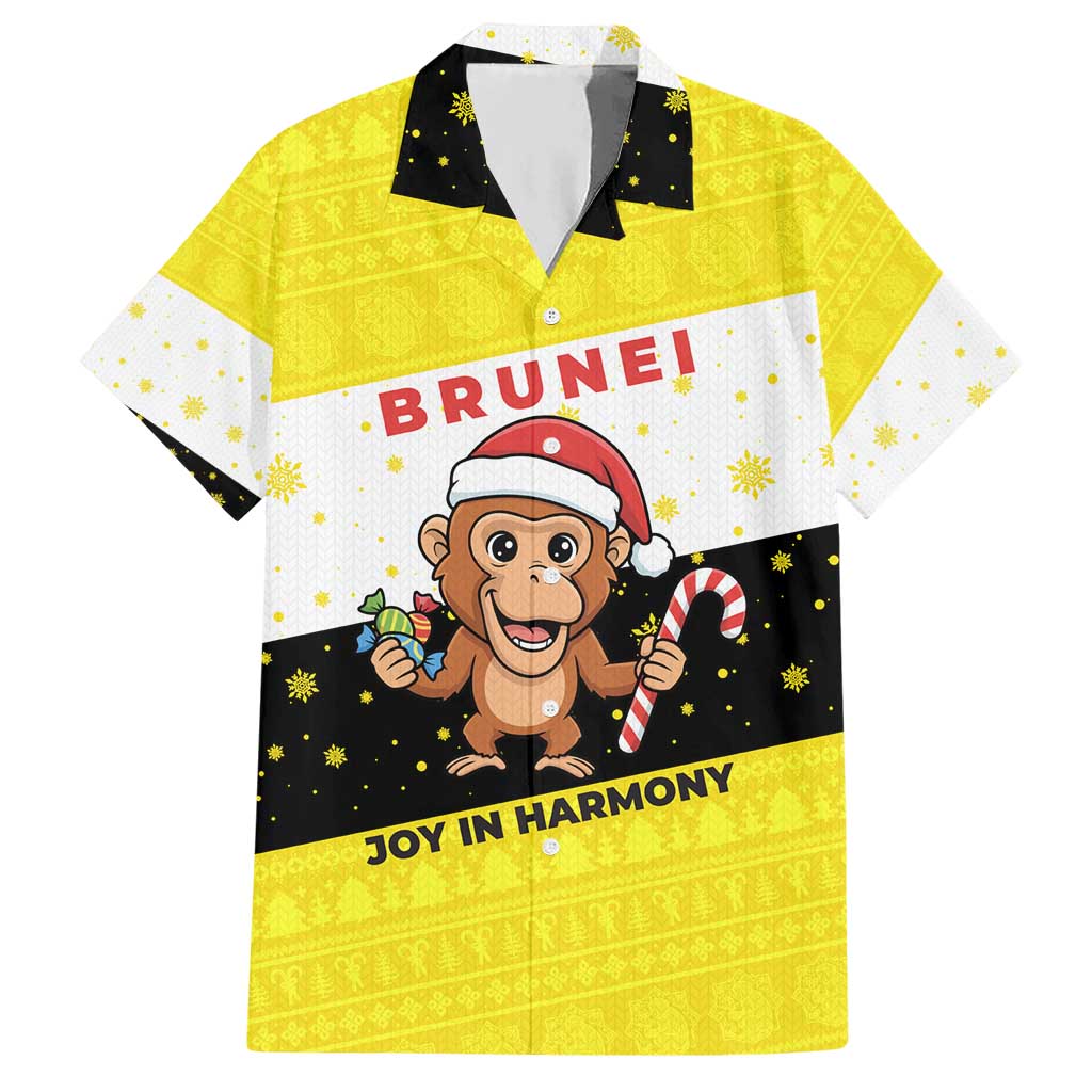 Brunei Christmas Hawaiian Shirt with Cartoon Monkey Santa Hat Candy Cane and Yellow Black Flag Pattern - Wonder Print Shop