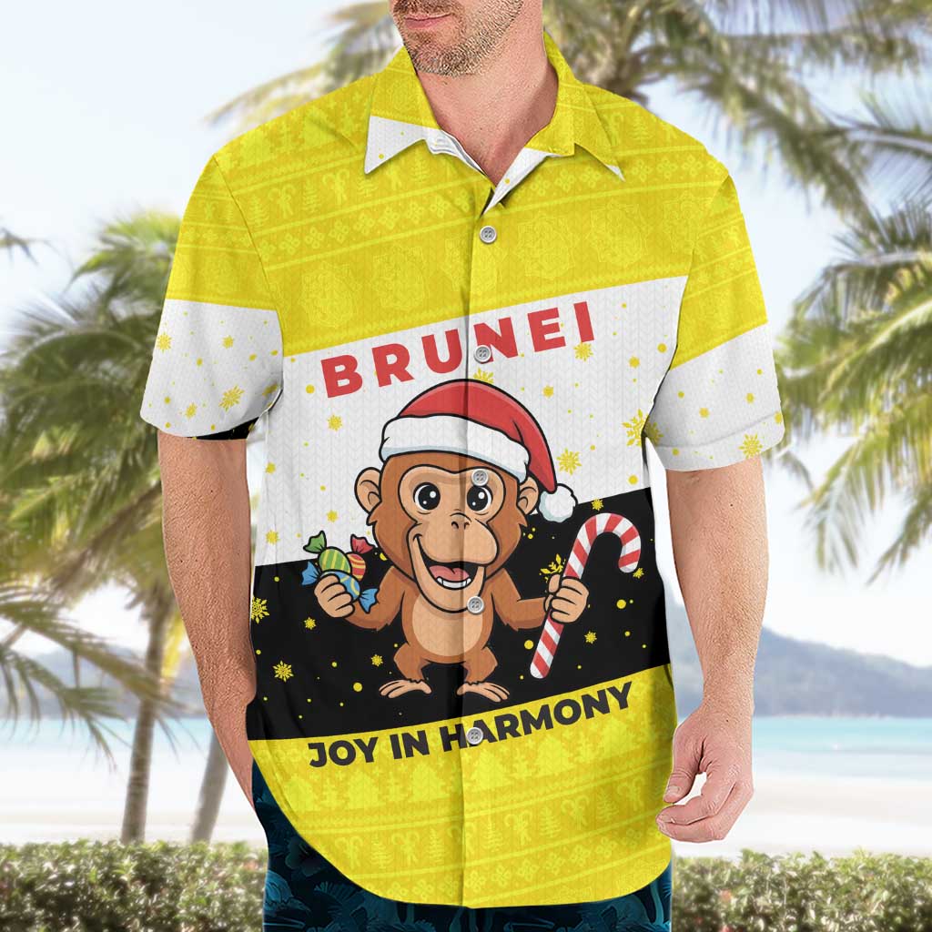 Brunei Christmas Hawaiian Shirt with Cartoon Monkey Santa Hat Candy Cane and Yellow Black Flag Pattern - Wonder Print Shop