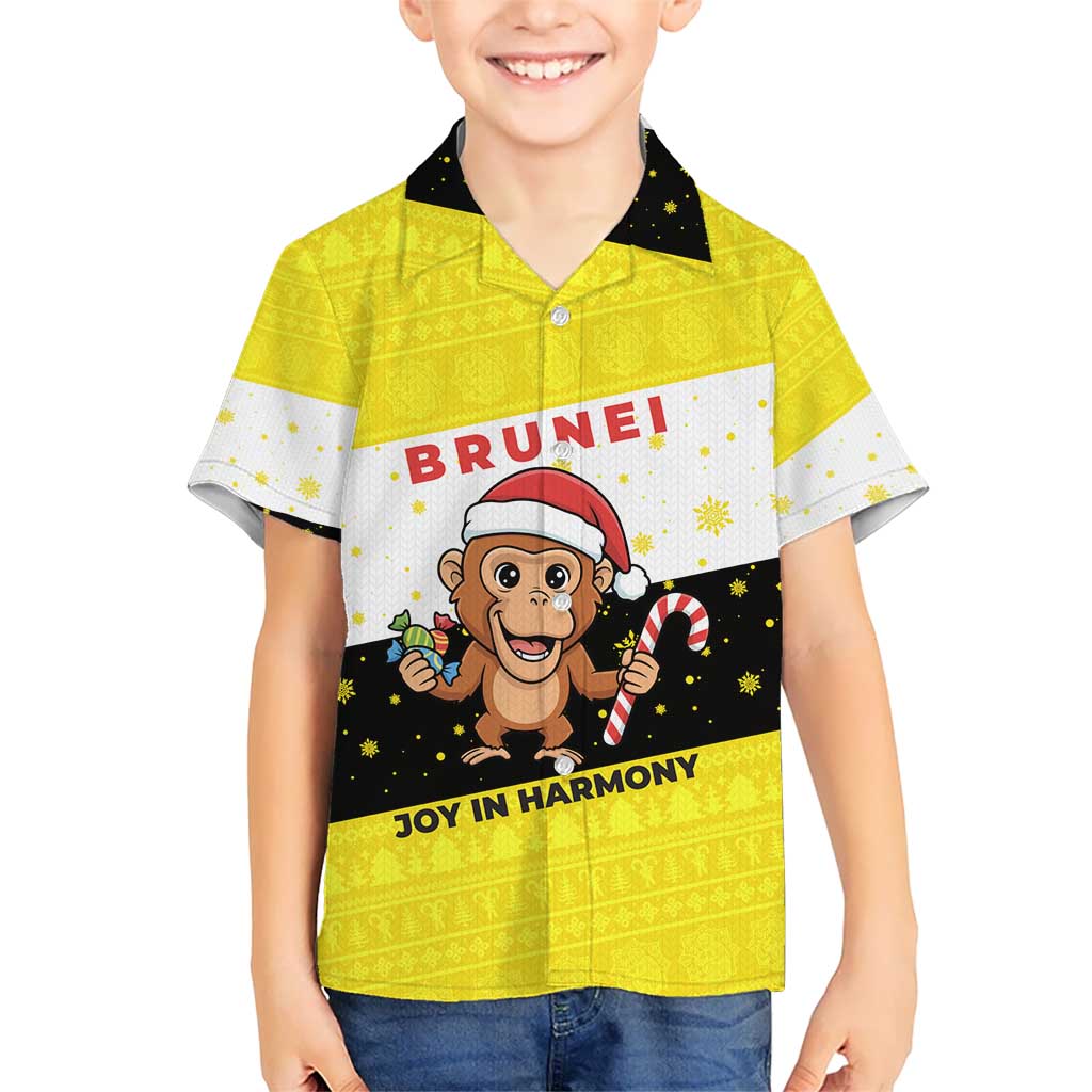 Brunei Christmas Hawaiian Shirt with Cartoon Monkey Santa Hat Candy Cane and Yellow Black Flag Pattern - Wonder Print Shop