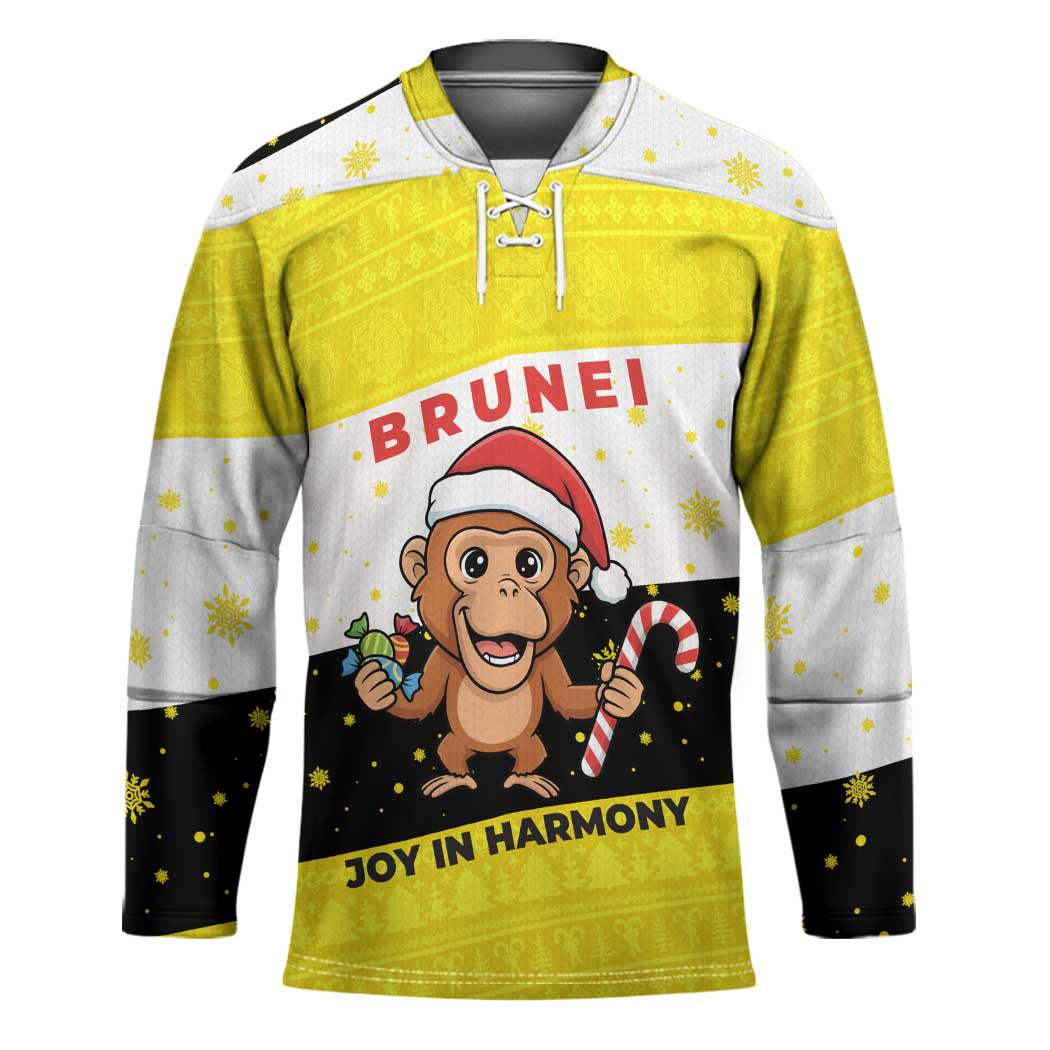 Brunei Christmas Hockey Jersey with Cartoon Monkey Santa Hat Candy Cane and Yellow Black Flag Pattern - Wonder Print Shop