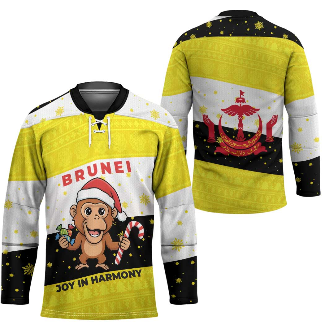 Brunei Christmas Hockey Jersey with Cartoon Monkey Santa Hat Candy Cane and Yellow Black Flag Pattern - Wonder Print Shop