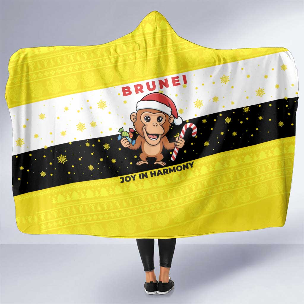 Brunei Christmas Hooded Blanket with Cartoon Monkey Santa Hat Candy Cane and Yellow Black Flag Pattern - Wonder Print Shop