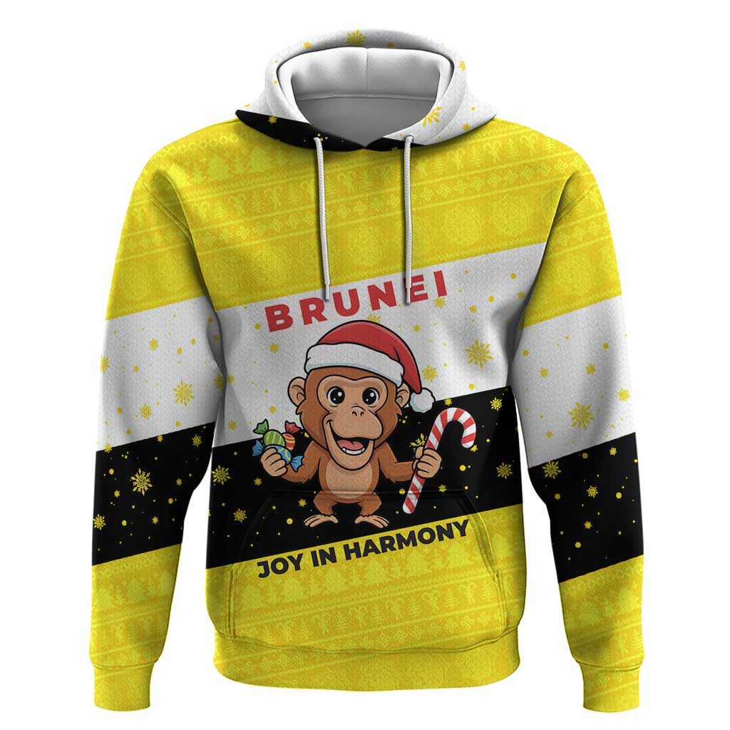 Brunei Christmas Hoodie with Cartoon Monkey Santa Hat Candy Cane and Yellow Black Flag Pattern - Wonder Print Shop