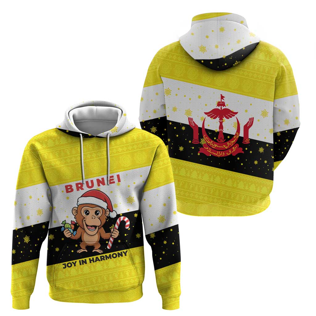 Brunei Christmas Hoodie with Cartoon Monkey Santa Hat Candy Cane and Yellow Black Flag Pattern - Wonder Print Shop