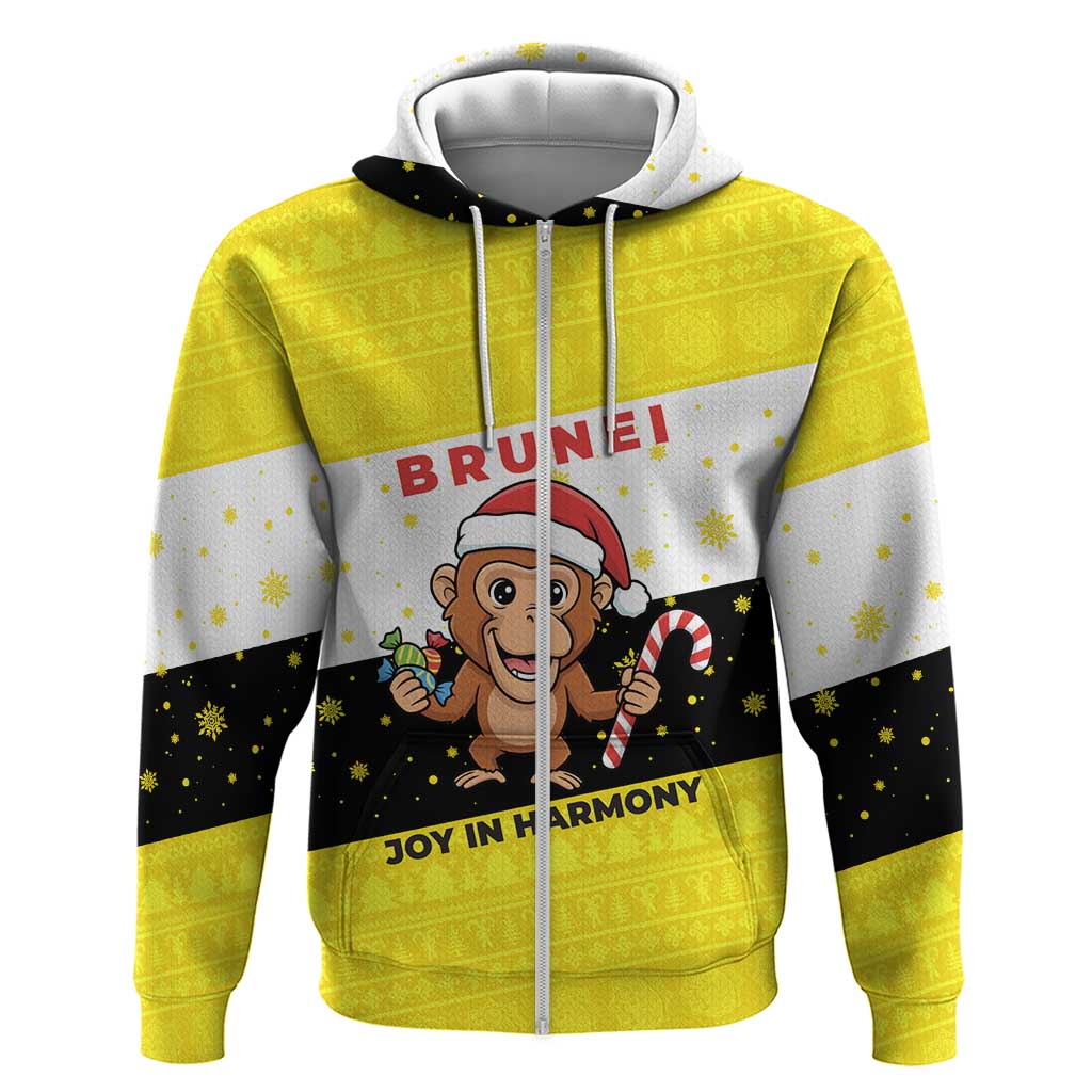 Brunei Christmas Hoodie with Cartoon Monkey Santa Hat Candy Cane and Yellow Black Flag Pattern - Wonder Print Shop
