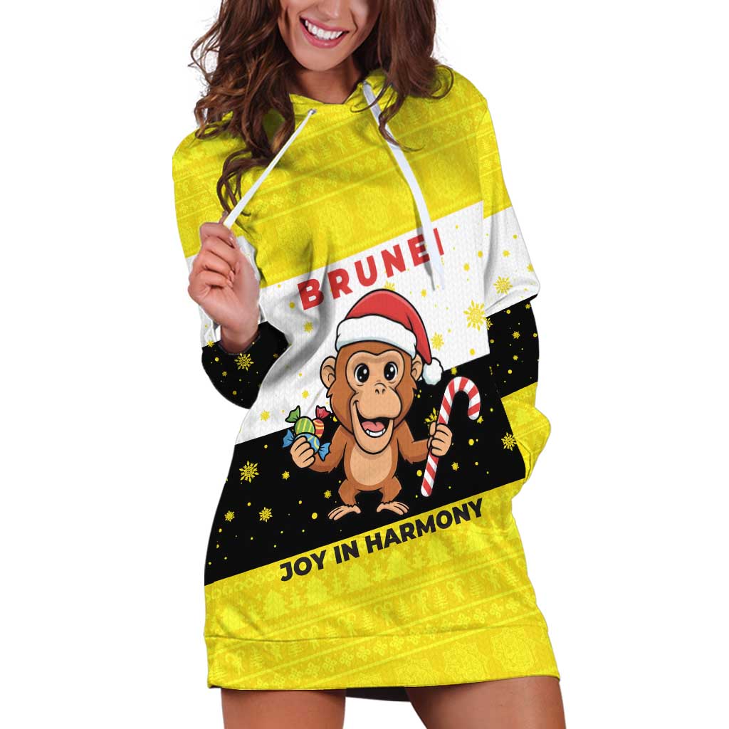 Brunei Christmas Hoodie Dress with Cartoon Monkey Santa Hat Candy Cane and Yellow Black Flag Pattern - Wonder Print Shop