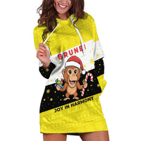 Brunei Christmas Hoodie Dress with Cartoon Monkey Santa Hat Candy Cane and Yellow Black Flag Pattern - Wonder Print Shop