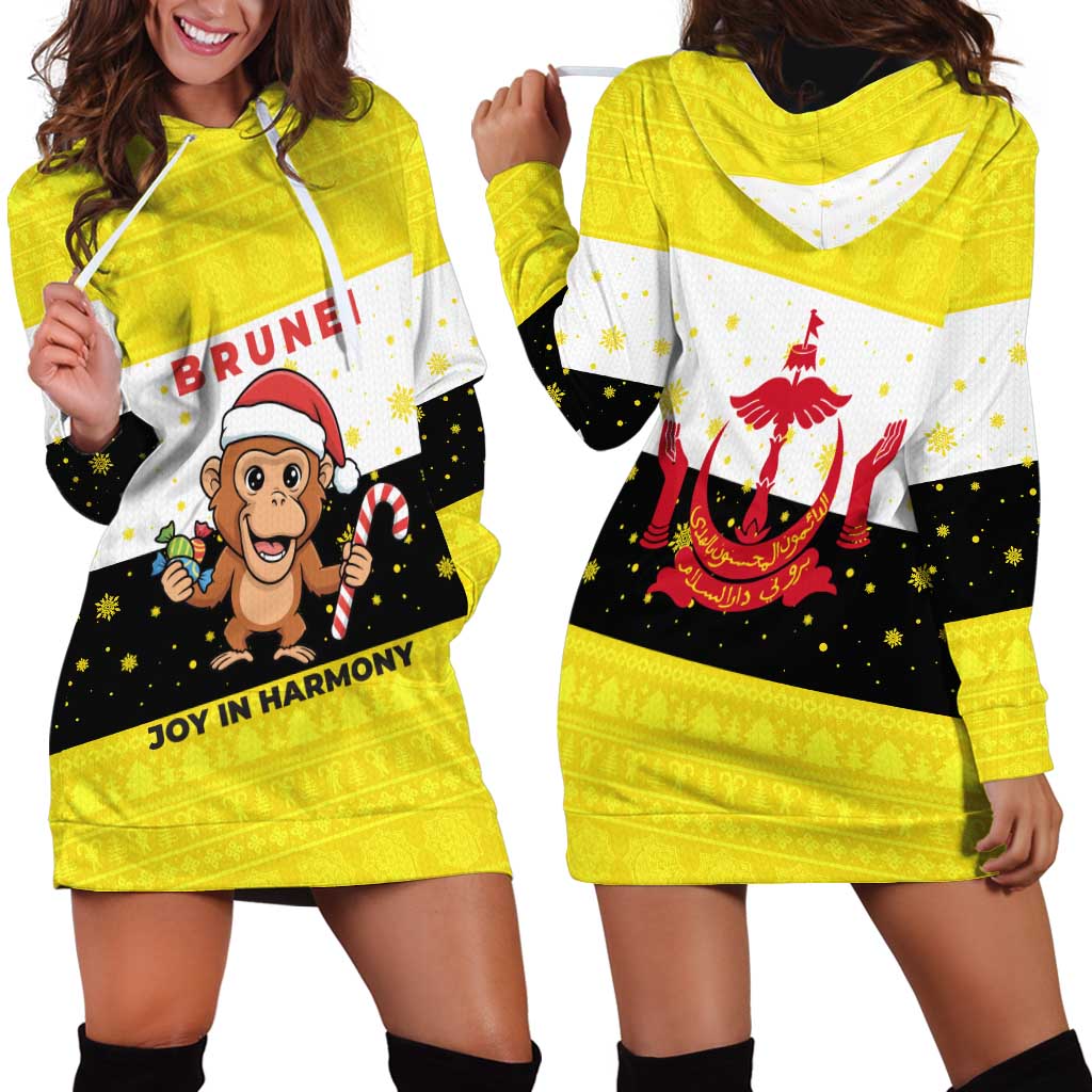 Brunei Christmas Hoodie Dress with Cartoon Monkey Santa Hat Candy Cane and Yellow Black Flag Pattern - Wonder Print Shop
