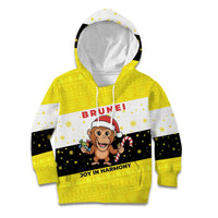 Brunei Christmas Kid Hoodie with Cartoon Monkey Santa Hat Candy Cane and Yellow Black Flag Pattern - Wonder Print Shop
