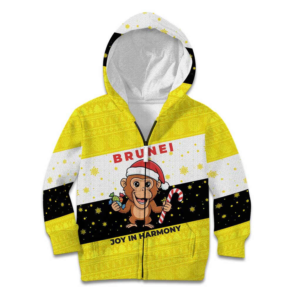 Brunei Christmas Kid Hoodie with Cartoon Monkey Santa Hat Candy Cane and Yellow Black Flag Pattern - Wonder Print Shop