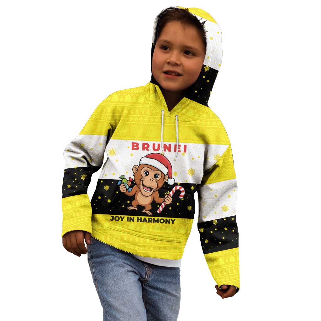Brunei Christmas Kid Hoodie with Cartoon Monkey Santa Hat Candy Cane and Yellow Black Flag Pattern - Wonder Print Shop