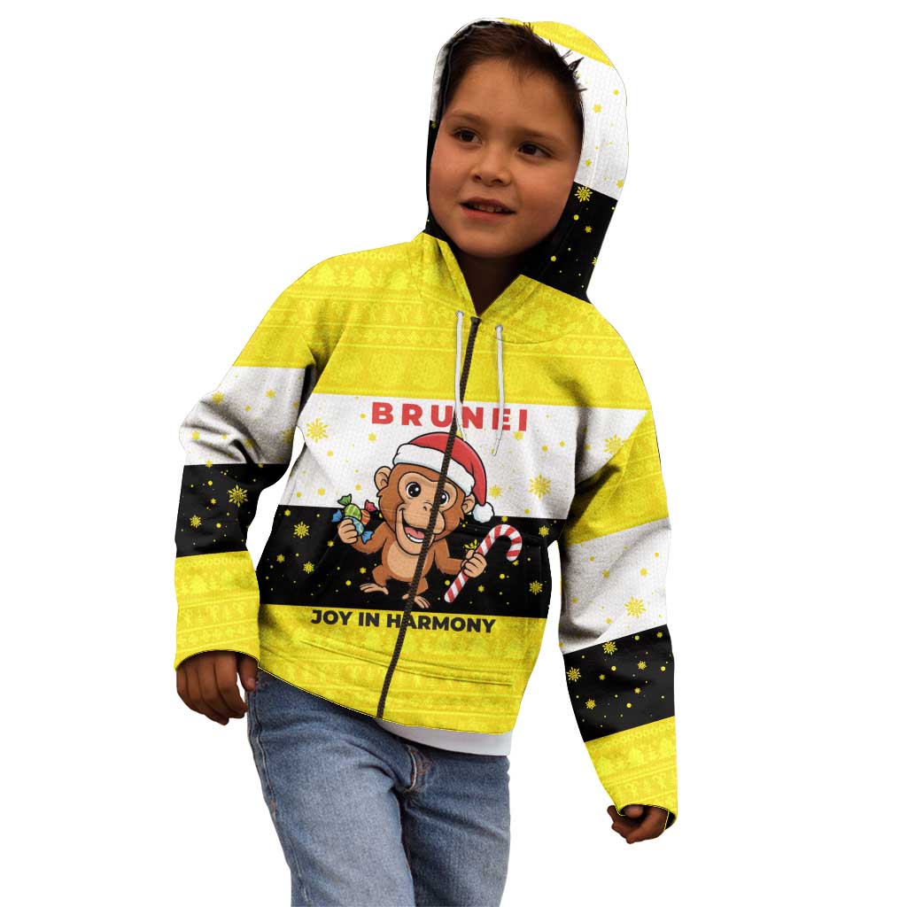 Brunei Christmas Kid Hoodie with Cartoon Monkey Santa Hat Candy Cane and Yellow Black Flag Pattern - Wonder Print Shop