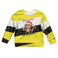 Brunei Christmas Kid Ugly Christmas Sweater with Cartoon Monkey Santa Hat Candy Cane and Yellow Black Flag Pattern - Wonder Print Shop