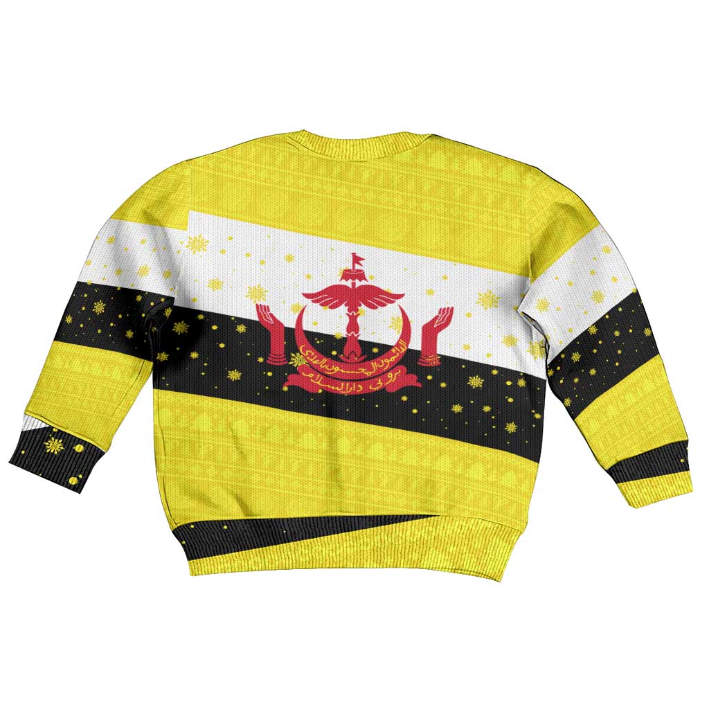 Brunei Christmas Kid Ugly Christmas Sweater with Cartoon Monkey Santa Hat Candy Cane and Yellow Black Flag Pattern - Wonder Print Shop