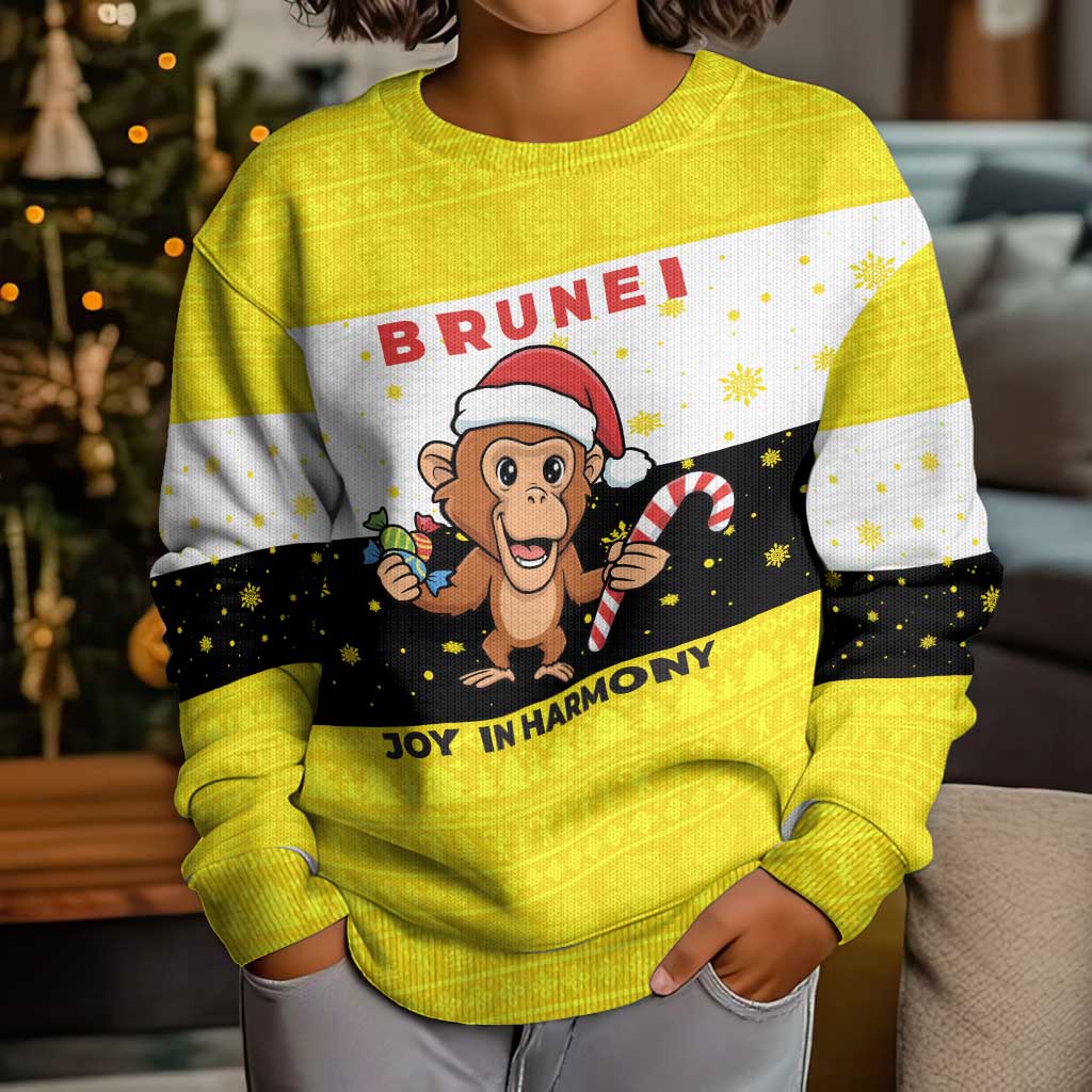 Brunei Christmas Kid Ugly Christmas Sweater with Cartoon Monkey Santa Hat Candy Cane and Yellow Black Flag Pattern - Wonder Print Shop