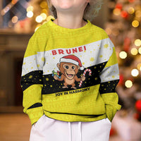 Brunei Christmas Kid Ugly Christmas Sweater with Cartoon Monkey Santa Hat Candy Cane and Yellow Black Flag Pattern - Wonder Print Shop