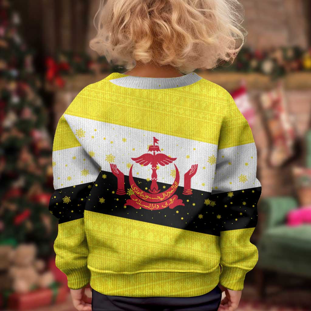 Brunei Christmas Kid Ugly Christmas Sweater with Cartoon Monkey Santa Hat Candy Cane and Yellow Black Flag Pattern - Wonder Print Shop