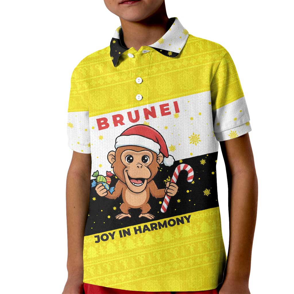 Brunei Christmas Kid Polo Shirt with Cartoon Monkey Santa Hat Candy Cane and Yellow Black Flag Pattern - Wonder Print Shop