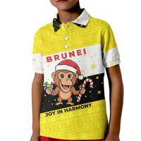 Brunei Christmas Kid Polo Shirt with Cartoon Monkey Santa Hat Candy Cane and Yellow Black Flag Pattern - Wonder Print Shop