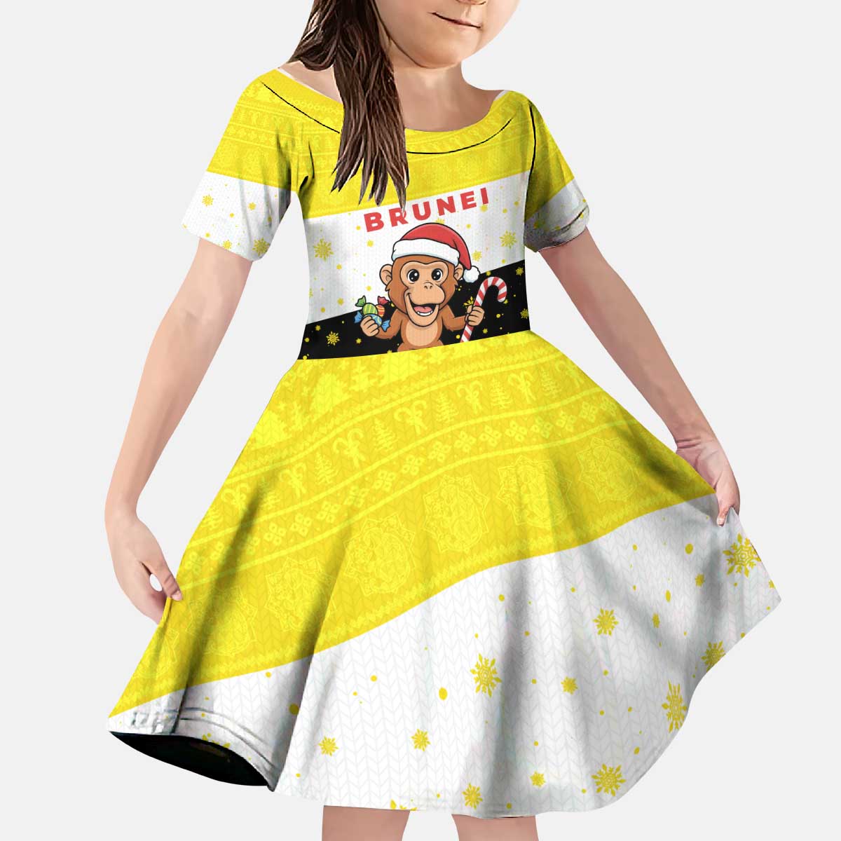 Brunei Christmas Kid Short Sleeve Dress with Cartoon Monkey Santa Hat Candy Cane and Yellow Black Flag Pattern - Wonder Print Shop