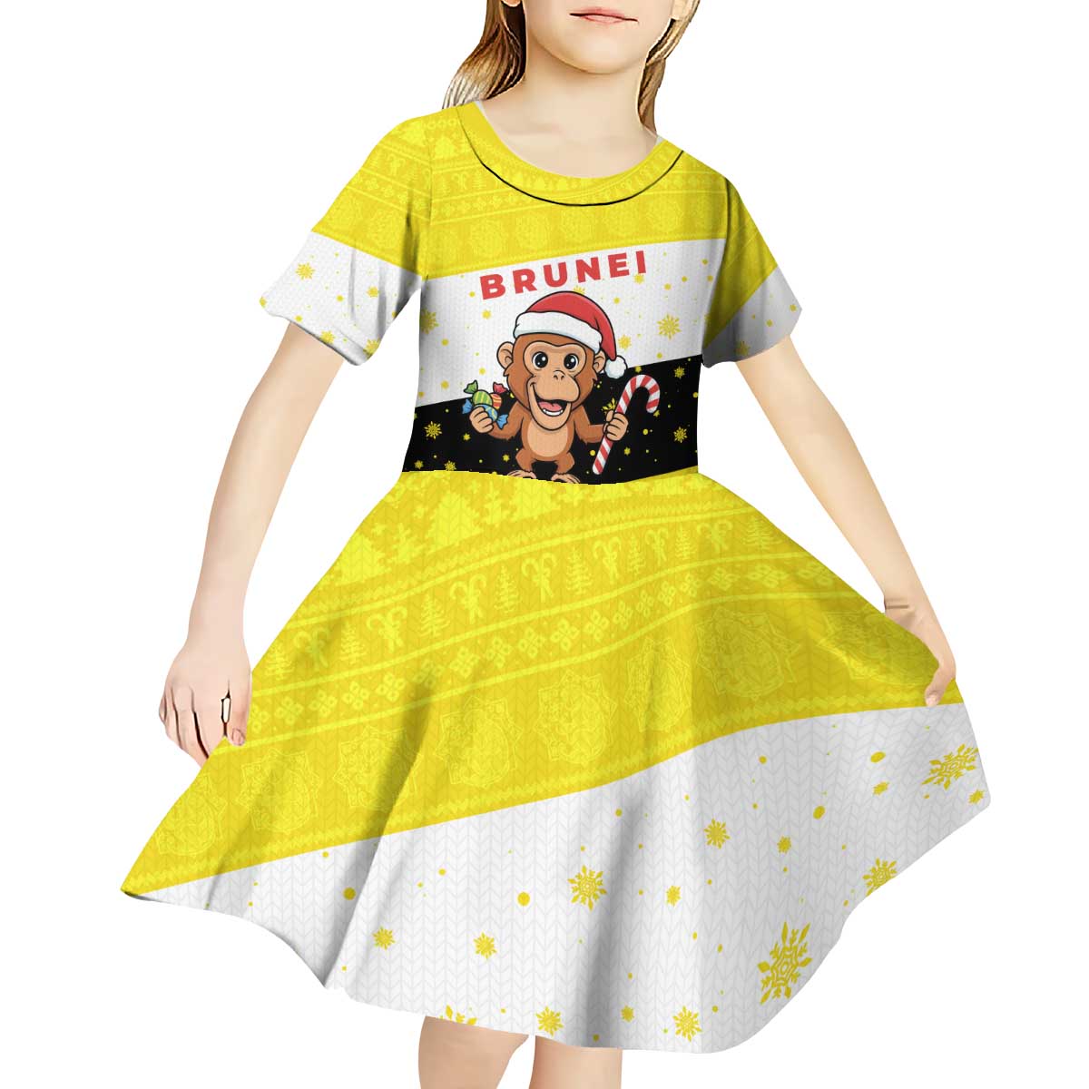 Brunei Christmas Kid Short Sleeve Dress with Cartoon Monkey Santa Hat Candy Cane and Yellow Black Flag Pattern - Wonder Print Shop