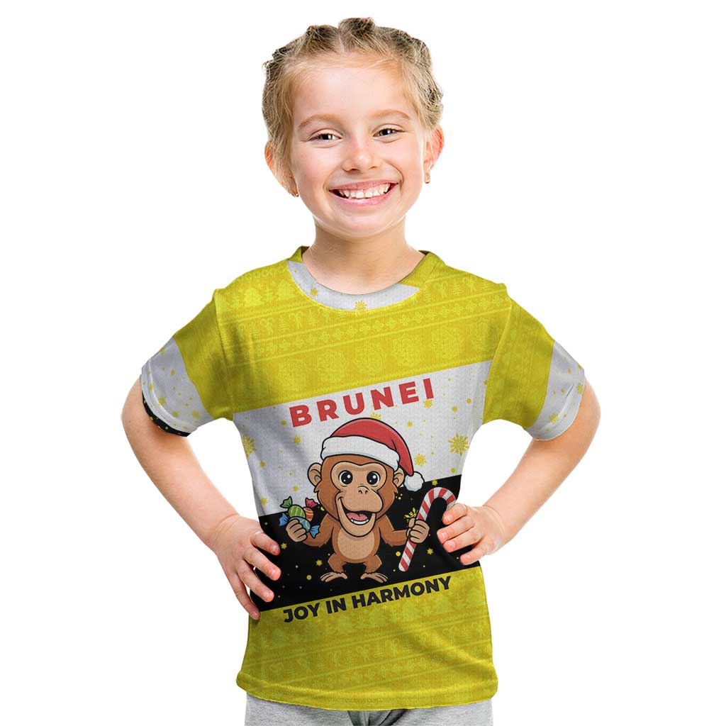 Brunei Christmas Kid T Shirt with Cartoon Monkey Santa Hat Candy Cane and Yellow Black Flag Pattern - Wonder Print Shop