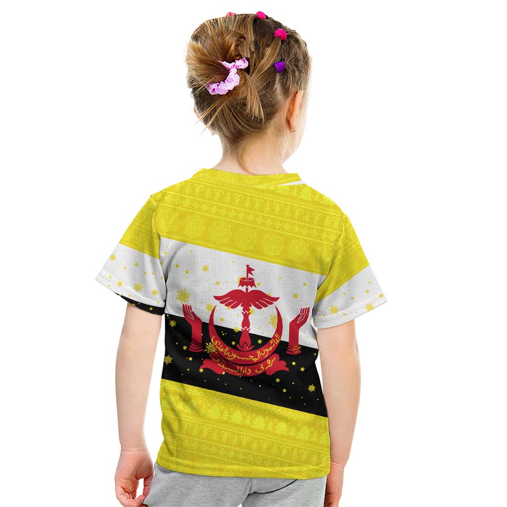 Brunei Christmas Kid T Shirt with Cartoon Monkey Santa Hat Candy Cane and Yellow Black Flag Pattern - Wonder Print Shop