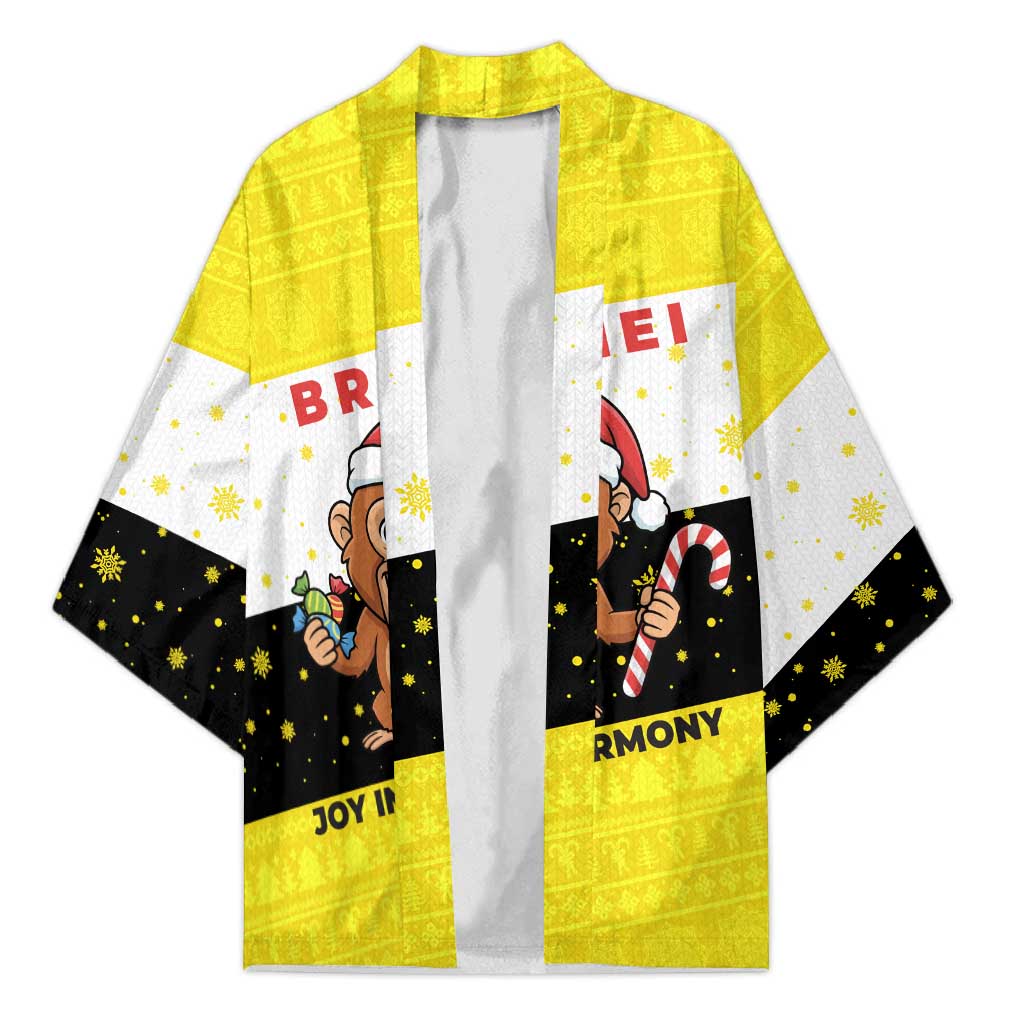 Brunei Christmas Kimono with Cartoon Monkey Santa Hat Candy Cane and Yellow Black Flag Pattern - Wonder Print Shop