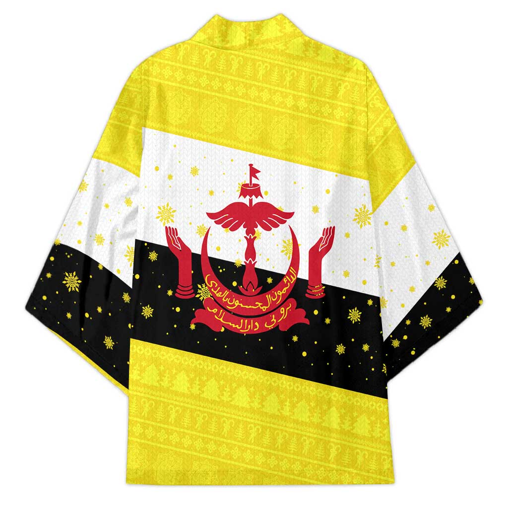 Brunei Christmas Kimono with Cartoon Monkey Santa Hat Candy Cane and Yellow Black Flag Pattern - Wonder Print Shop