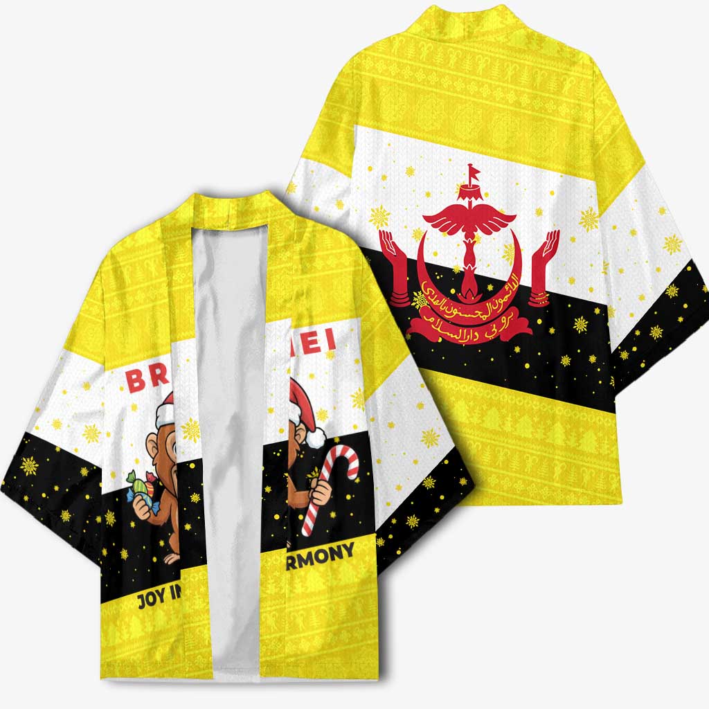 Brunei Christmas Kimono with Cartoon Monkey Santa Hat Candy Cane and Yellow Black Flag Pattern - Wonder Print Shop