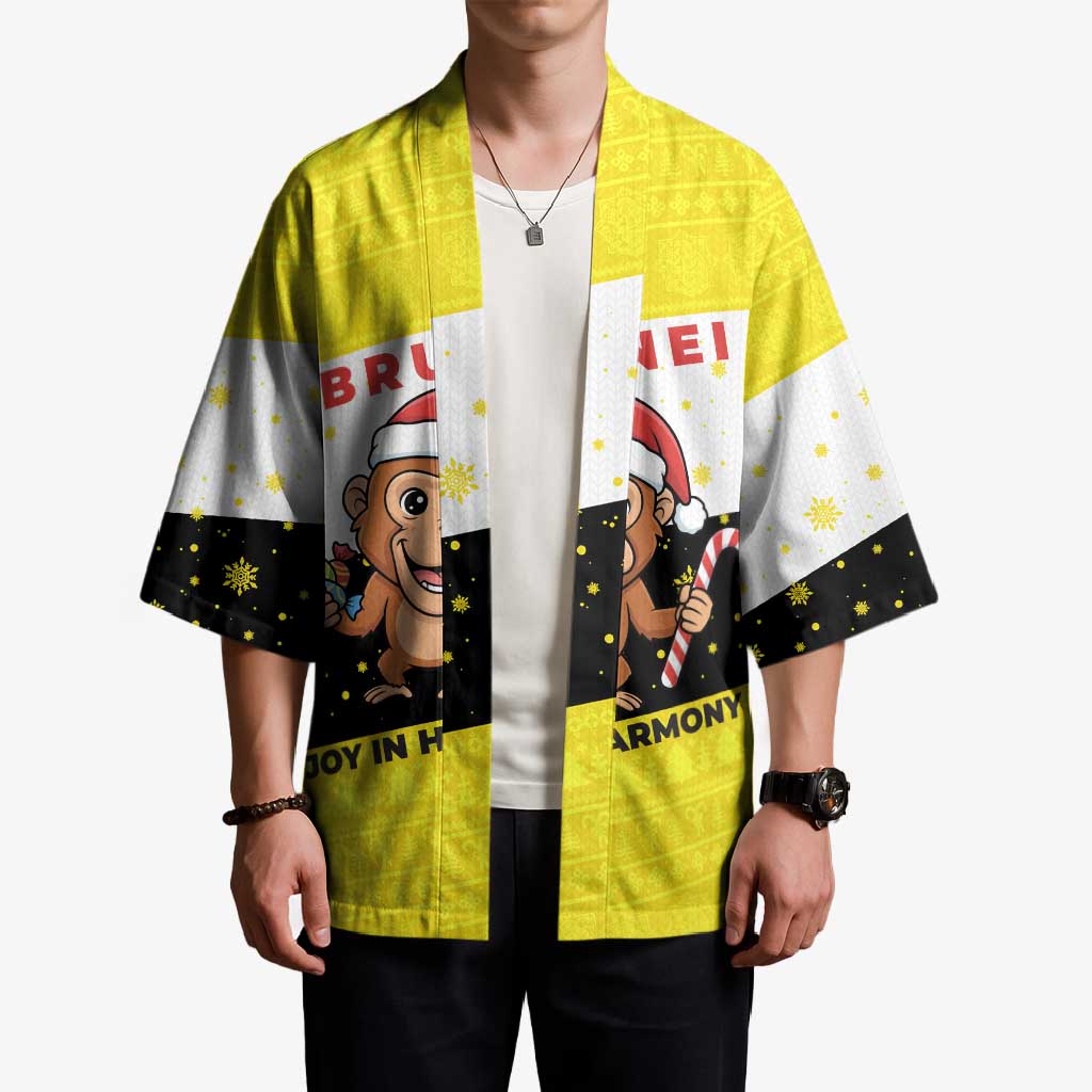 Brunei Christmas Kimono with Cartoon Monkey Santa Hat Candy Cane and Yellow Black Flag Pattern - Wonder Print Shop