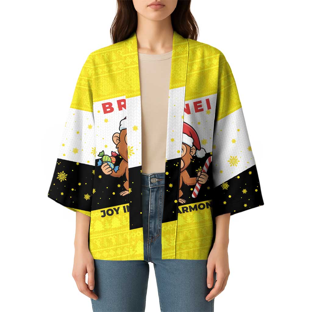 Brunei Christmas Kimono with Cartoon Monkey Santa Hat Candy Cane and Yellow Black Flag Pattern - Wonder Print Shop
