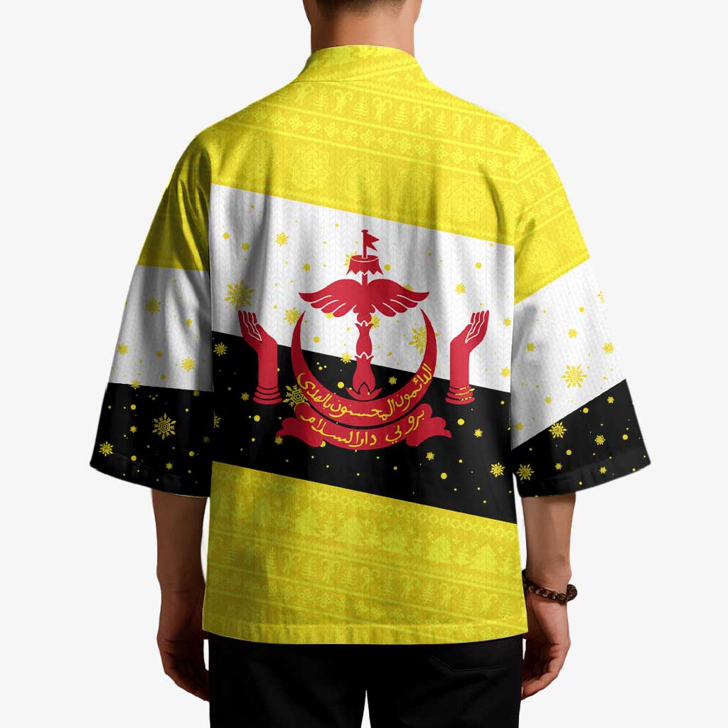 Brunei Christmas Kimono with Cartoon Monkey Santa Hat Candy Cane and Yellow Black Flag Pattern - Wonder Print Shop