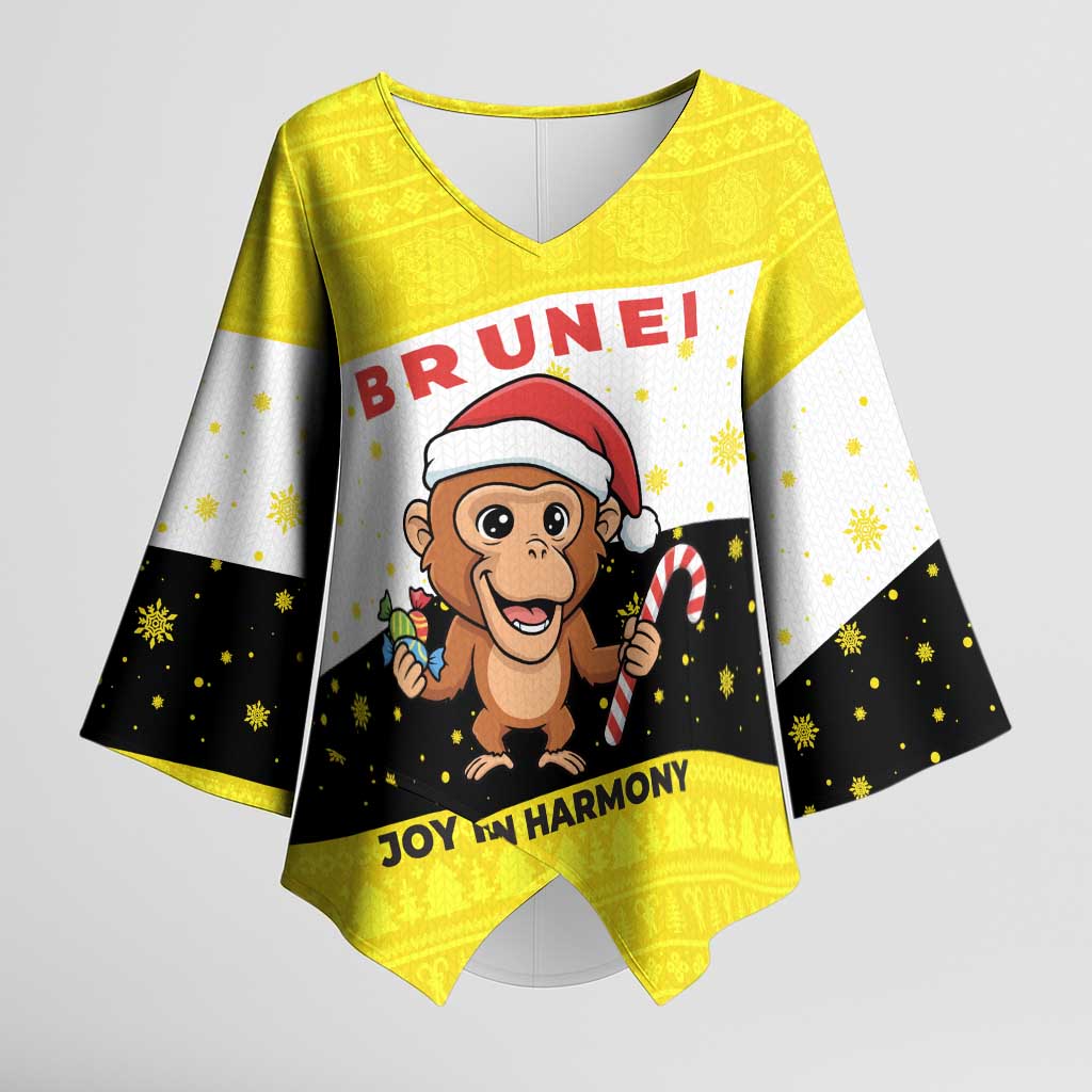 Brunei Christmas Kimono Sleeve Blouse with Cartoon Monkey Santa Hat Candy Cane and Yellow Black Flag Pattern - Wonder Print Shop