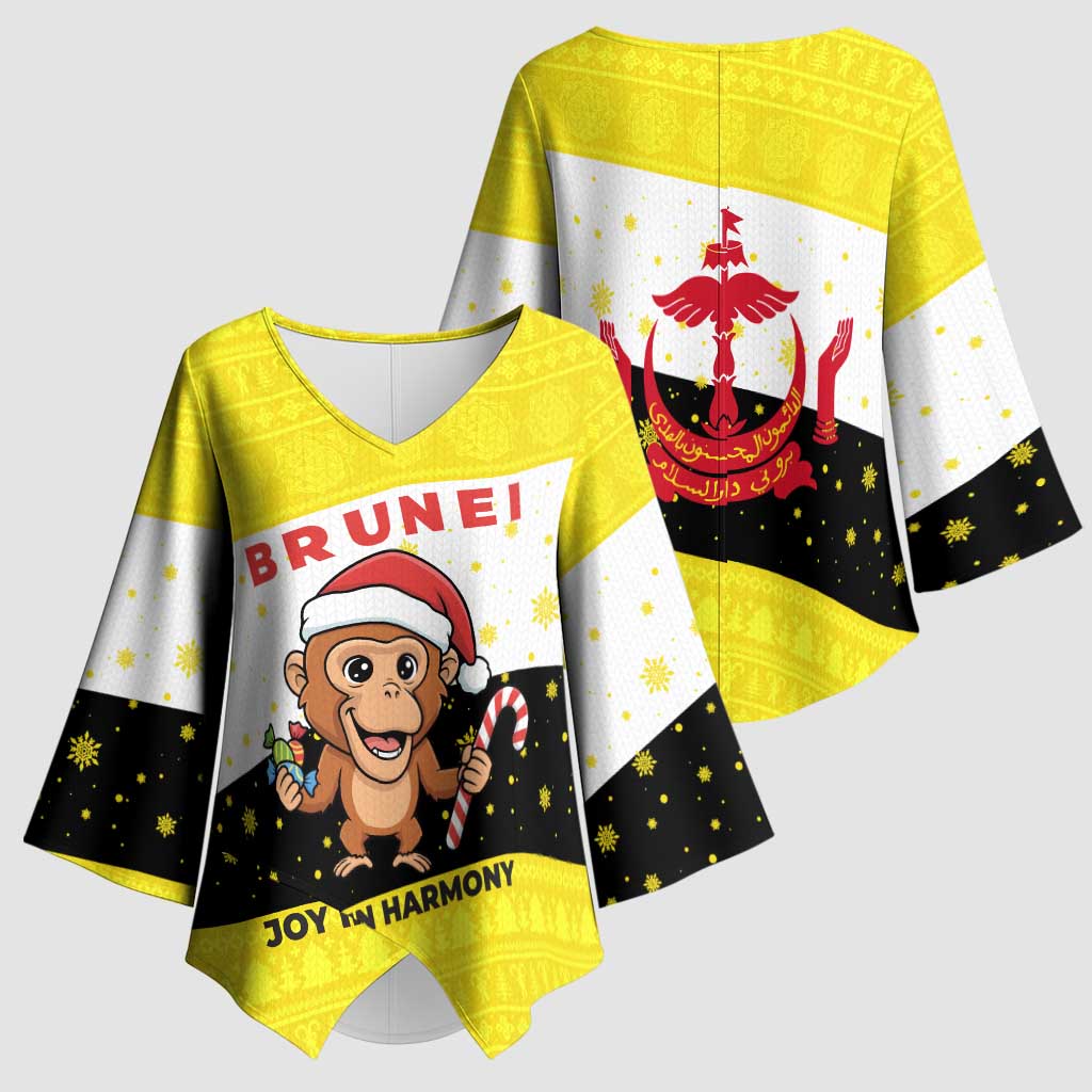 Brunei Christmas Kimono Sleeve Blouse with Cartoon Monkey Santa Hat Candy Cane and Yellow Black Flag Pattern - Wonder Print Shop