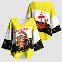 Brunei Christmas Kimono Sleeve Blouse with Cartoon Monkey Santa Hat Candy Cane and Yellow Black Flag Pattern - Wonder Print Shop