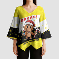 Brunei Christmas Kimono Sleeve Blouse with Cartoon Monkey Santa Hat Candy Cane and Yellow Black Flag Pattern - Wonder Print Shop