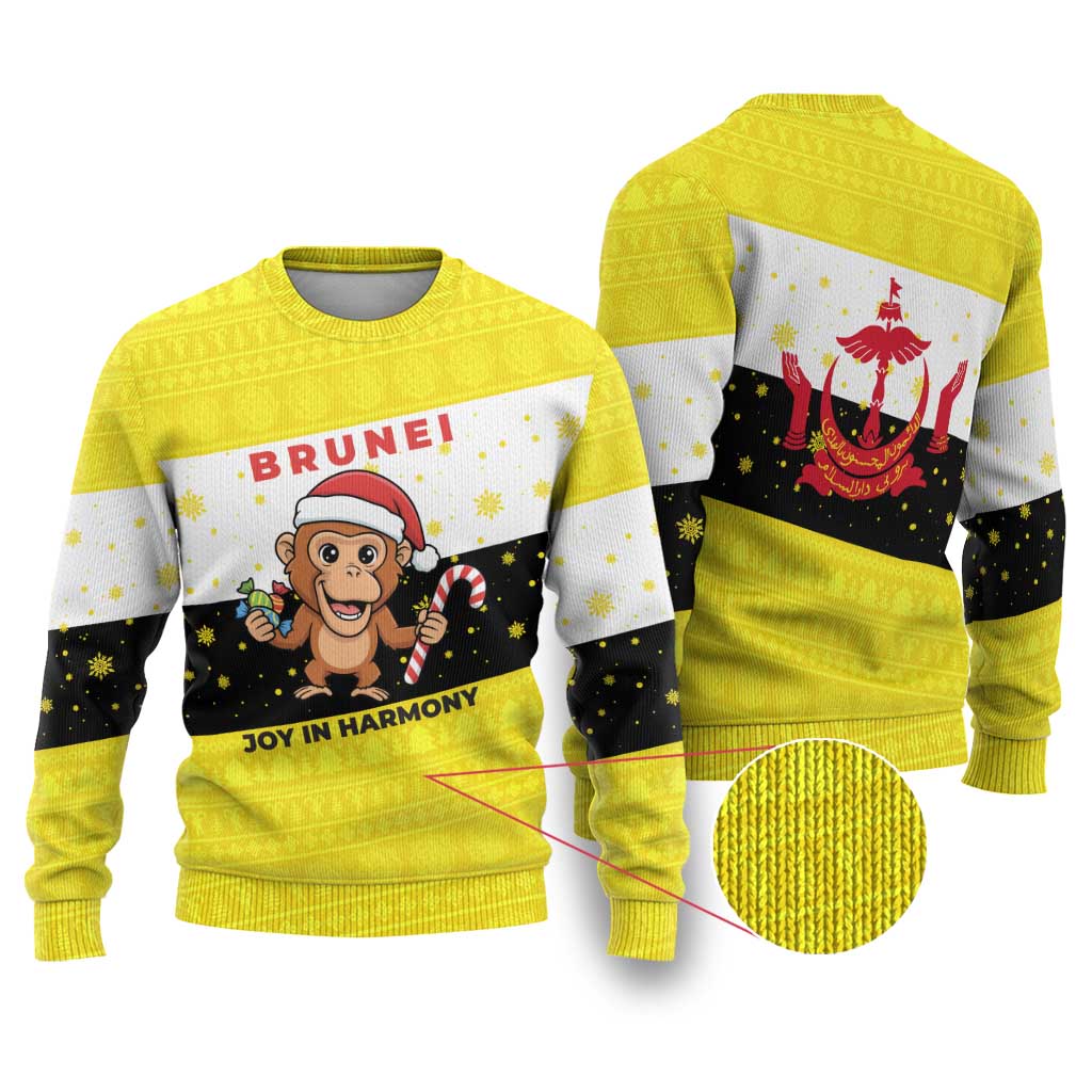 Brunei Christmas Ugly Christmas Sweater with Cartoon Monkey Santa Hat Candy Cane and Yellow Black Flag Pattern - Wonder Print Shop