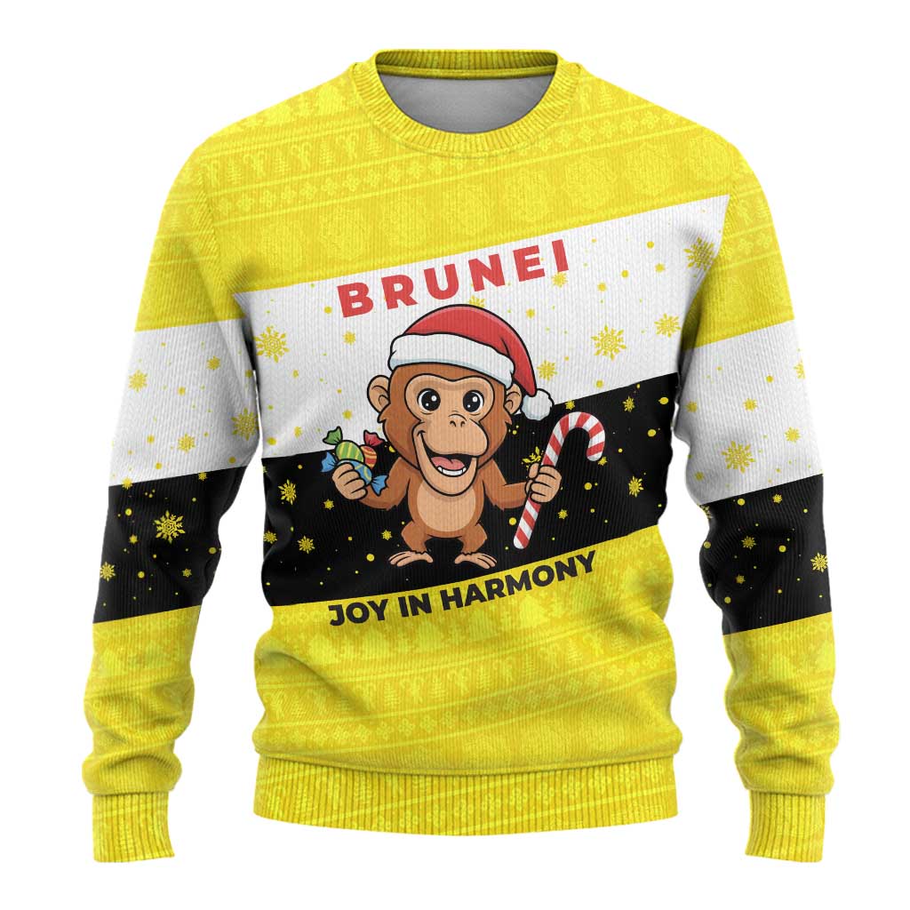 Brunei Christmas Ugly Christmas Sweater with Cartoon Monkey Santa Hat Candy Cane and Yellow Black Flag Pattern - Wonder Print Shop