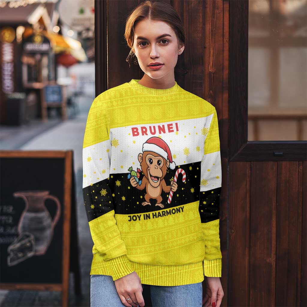 Brunei Christmas Ugly Christmas Sweater with Cartoon Monkey Santa Hat Candy Cane and Yellow Black Flag Pattern - Wonder Print Shop