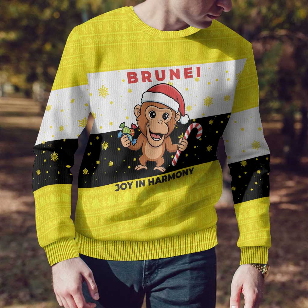 Brunei Christmas Ugly Christmas Sweater with Cartoon Monkey Santa Hat Candy Cane and Yellow Black Flag Pattern - Wonder Print Shop