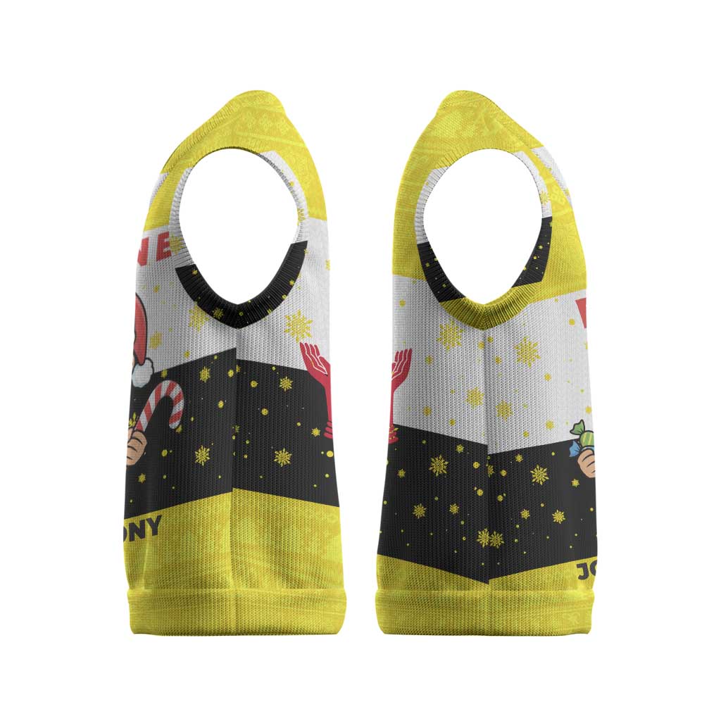 Brunei Christmas Knitted V-Neck Vest with Cartoon Monkey Santa Hat Candy Cane and Yellow Black Flag Pattern - Wonder Print Shop