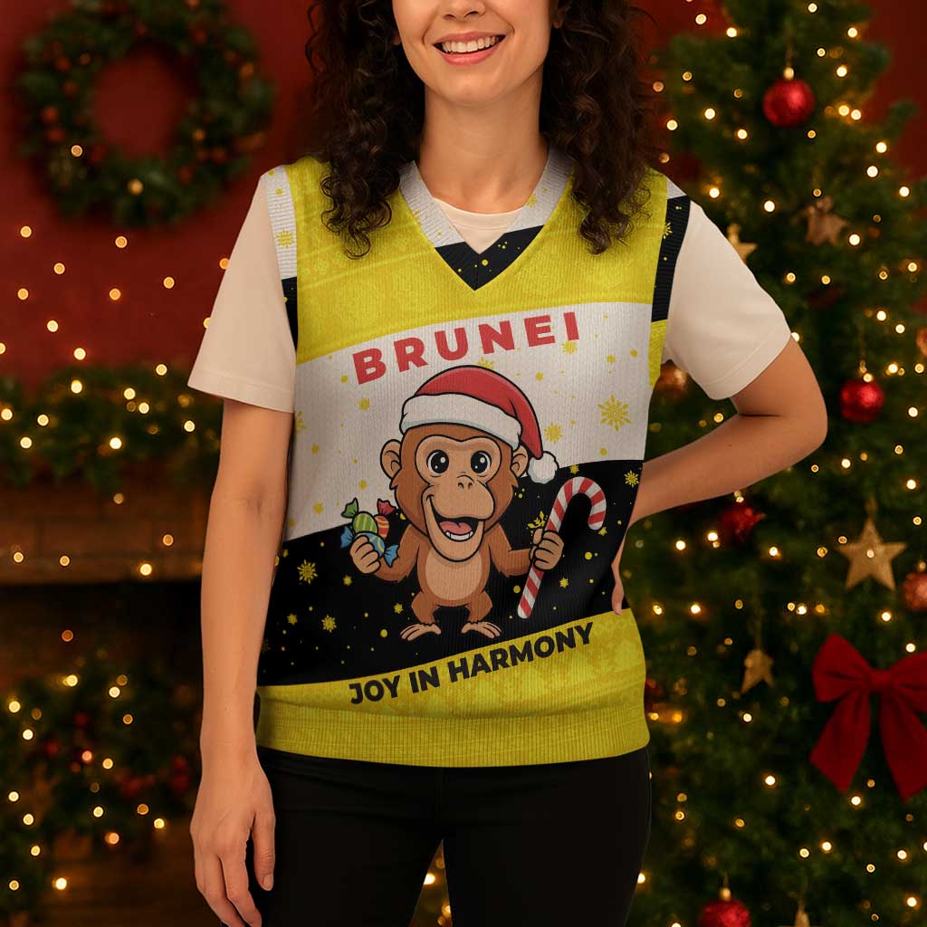 Brunei Christmas Knitted V-Neck Vest with Cartoon Monkey Santa Hat Candy Cane and Yellow Black Flag Pattern - Wonder Print Shop