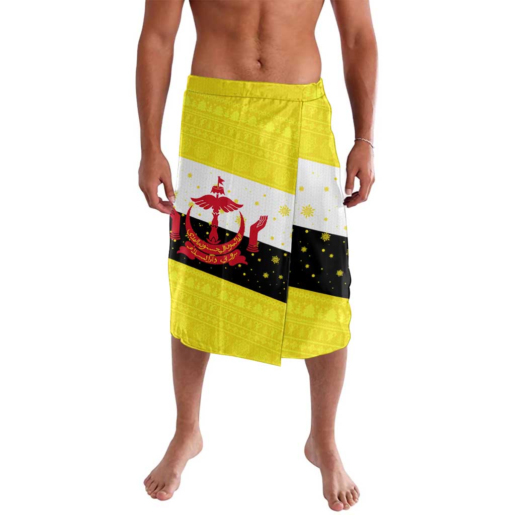 Brunei Christmas Lavalava with Cartoon Monkey Santa Hat Candy Cane and Yellow Black Flag Pattern - Wonder Print Shop