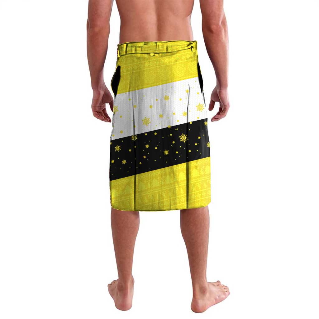 Brunei Christmas Lavalava with Cartoon Monkey Santa Hat Candy Cane and Yellow Black Flag Pattern - Wonder Print Shop