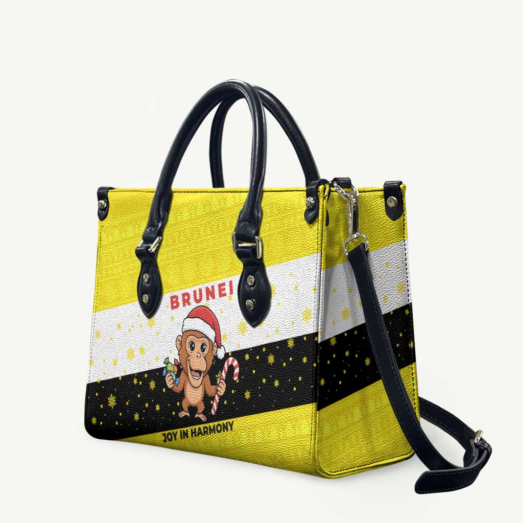 Brunei Christmas Leather Bag with Cartoon Monkey Santa Hat Candy Cane and Yellow Black Flag Pattern - Wonder Print Shop