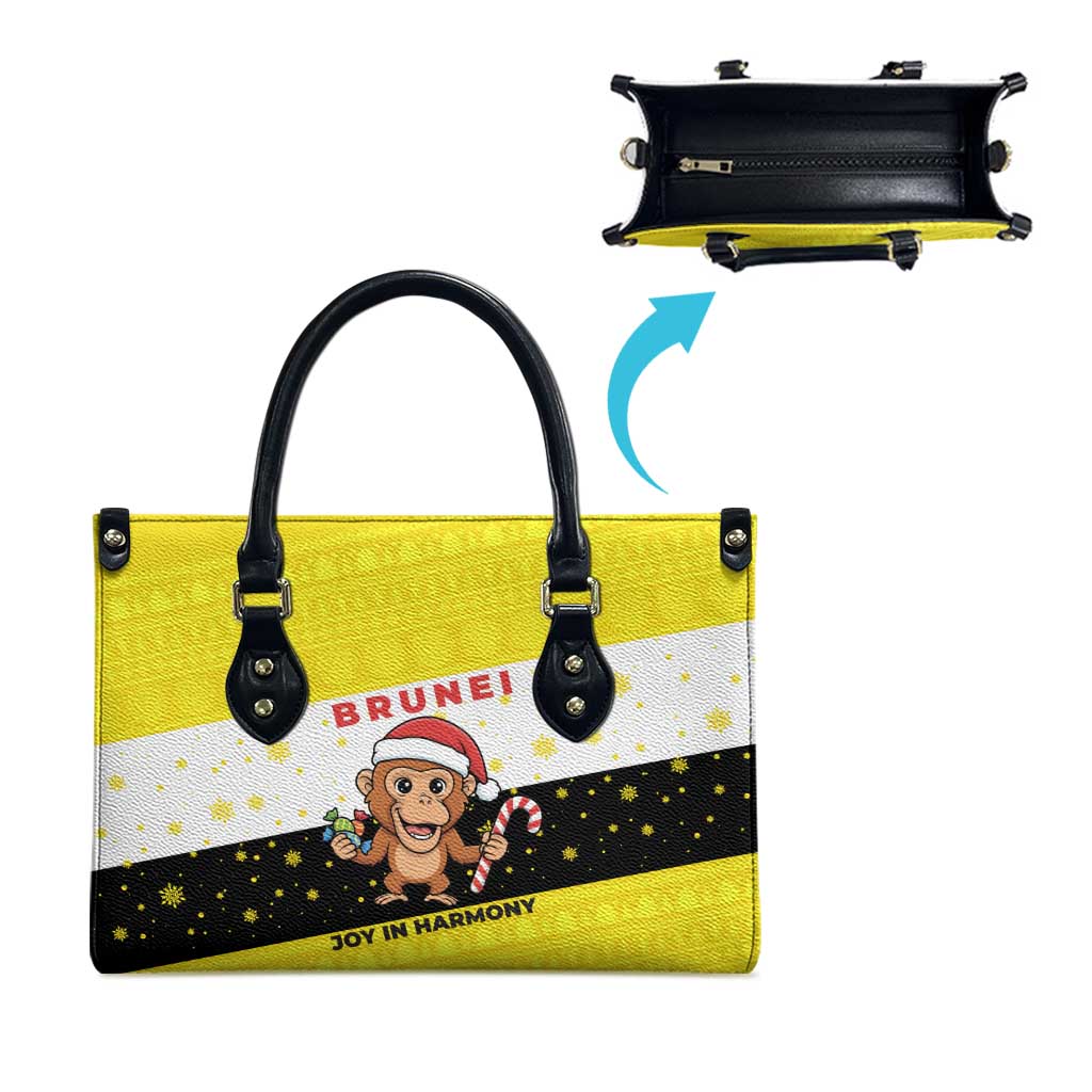 Brunei Christmas Leather Bag with Cartoon Monkey Santa Hat Candy Cane and Yellow Black Flag Pattern - Wonder Print Shop