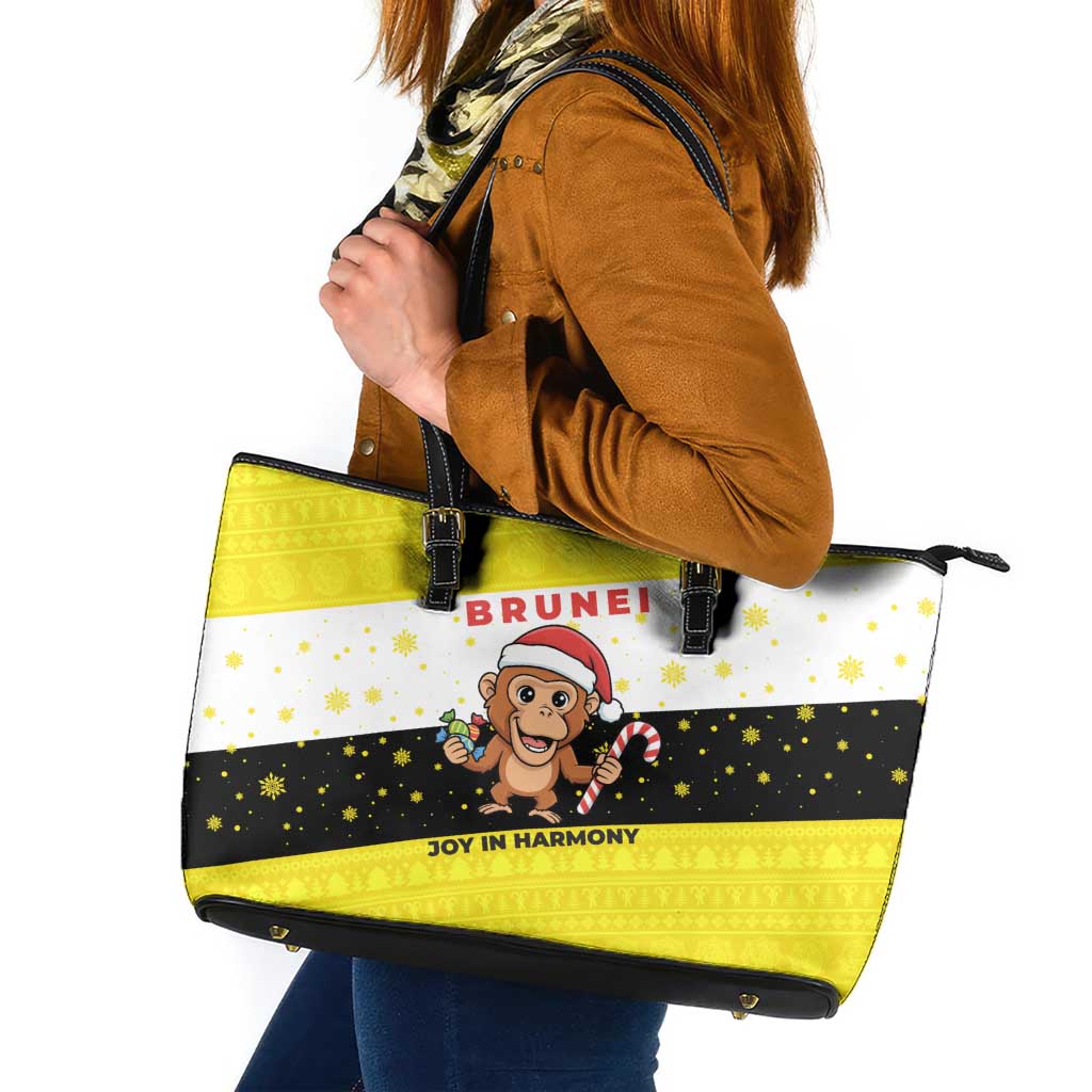 Brunei Christmas Leather Tote Bag with Cartoon Monkey Santa Hat Candy Cane and Yellow Black Flag Pattern - Wonder Print Shop