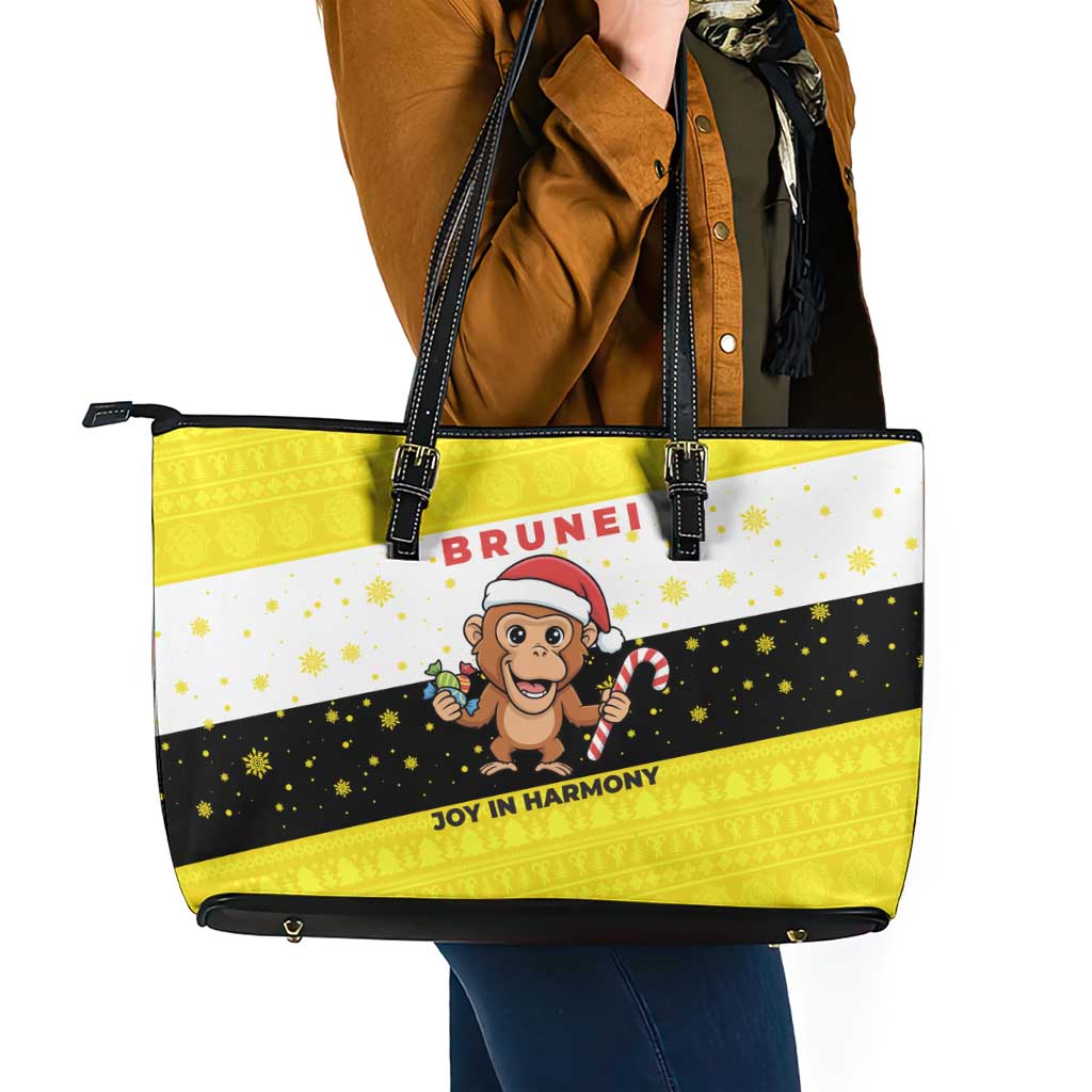 Brunei Christmas Leather Tote Bag with Cartoon Monkey Santa Hat Candy Cane and Yellow Black Flag Pattern - Wonder Print Shop